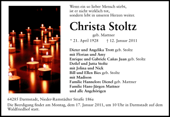 Traueranzeige von Christa Stoltz von Darmstädter Echo, Odenwälder Echo, Rüsselsheimer Echo, Groß-Gerauer-Echo, Ried Echo