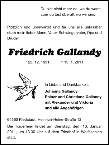 Traueranzeige von Friedrich Gallandy von Rüsselsheimer Echo, Groß-Gerauer-Echo, Ried Echo