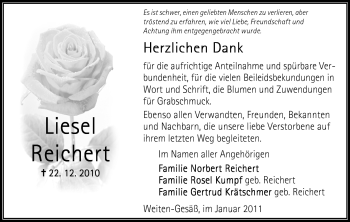 Traueranzeige von Liesel Reichert von Odenwälder Echo