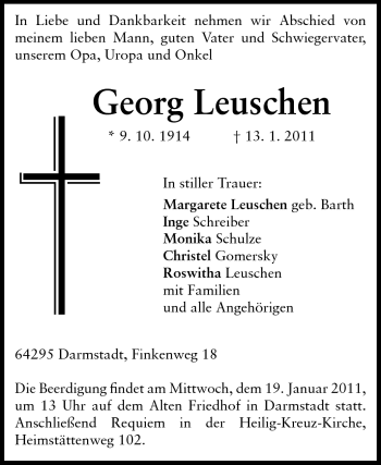 Traueranzeige von Georg Leuschen von Darmstädter Echo, Odenwälder Echo, Rüsselsheimer Echo, Groß-Gerauer-Echo, Ried Echo
