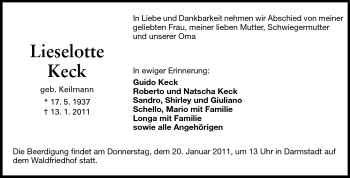 Traueranzeige von Lieselotte Keck von Echo-Zeitungen (Gesamtausgabe)