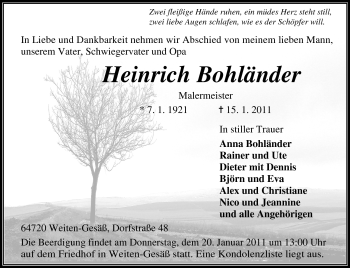 Traueranzeige von Heinrich Bohländer von Odenwälder Echo