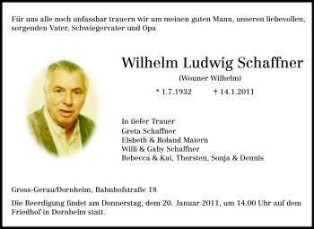 Traueranzeige von Schaffner Wilhelm Ludwig von Rüsselsheimer Echo, Groß-Gerauer-Echo, Ried Echo