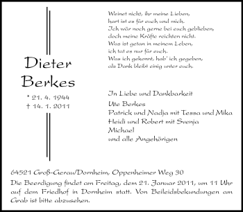 Traueranzeige von Dieter Berkes von Rüsselsheimer Echo, Groß-Gerauer-Echo, Ried Echo