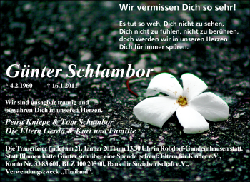 Traueranzeige von Günter  Schlambor von Echo-Zeitungen (Gesamtausgabe)