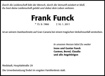 Traueranzeige von Funck Frank von Echo-Zeitungen (Gesamtausgabe)