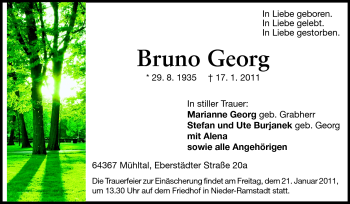 Traueranzeige von Bruno Georg von Echo-Zeitungen (Gesamtausgabe)