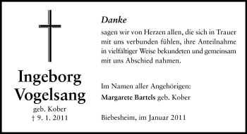 Traueranzeige von Ingeborg Vogelsang von Rüsselsheimer Echo, Groß-Gerauer-Echo, Ried Echo