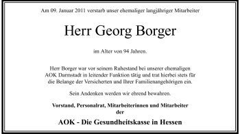 Traueranzeige von Georg Borger von Echo-Zeitungen (Gesamtausgabe)