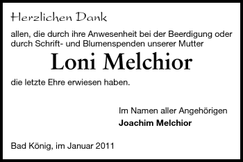 Traueranzeige von Loni Melchior von Odenwälder Echo