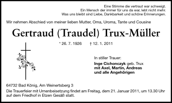 Traueranzeige von Gertraud Trux-Müller von Odenwälder Echo