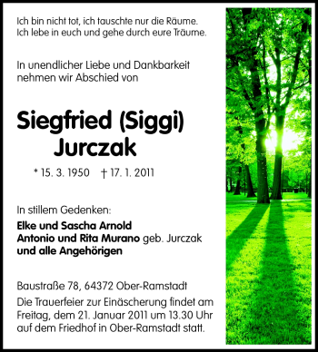 Traueranzeige von Siegfried Jurczak von Darmstädter Echo, Odenwälder Echo, Rüsselsheimer Echo, Groß-Gerauer-Echo, Ried Echo