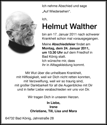 Traueranzeige von Helmut Walther von Odenwälder Echo