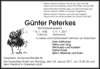 Traueranzeige von Günter Peterkes von Echo-Zeitungen (Gesamtausgabe)