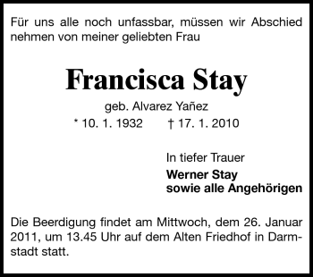 Traueranzeige von Francisca Stay von Echo-Zeitungen (Gesamtausgabe)