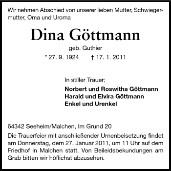 Traueranzeige von Dina Göttmann von Echo-Zeitungen (Gesamtausgabe)