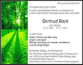 Traueranzeige von Gertrud Back von Odenwälder Echo
