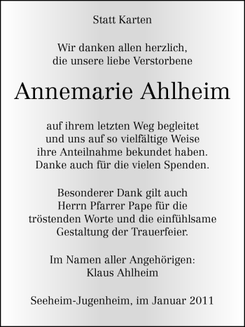 Traueranzeige von Annemarie Ahlheim von Darmstädter Echo, Odenwälder Echo, Rüsselsheimer Echo, Groß-Gerauer-Echo, Ried Echo