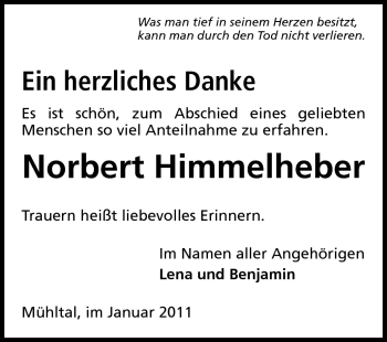 Traueranzeige von Norbert Himmelheber von Echo-Zeitungen (Gesamtausgabe)