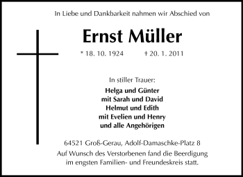 Traueranzeige von Ernst Müller von Rüsselsheimer Echo, Groß-Gerauer-Echo, Ried Echo