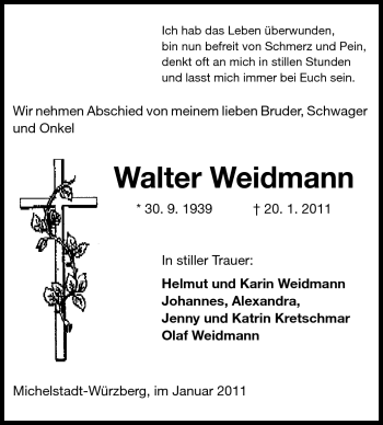 Traueranzeige von Walter Weidmann von Odenwälder Echo