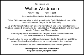 Traueranzeige von Weidmann Walter von Odenwälder Echo