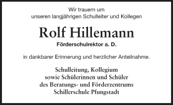 Traueranzeige von Rolf Hillemann von Echo-Zeitungen (Gesamtausgabe)