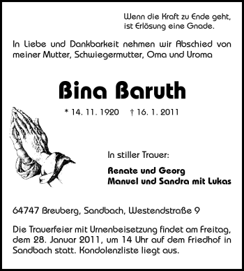 Traueranzeige von Bina Baruth von Odenwälder Echo