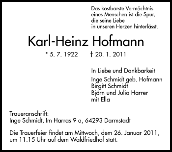 Traueranzeige von Karl-Heinz Hofmann von Darmstädter Echo, Odenwälder Echo, Rüsselsheimer Echo, Groß-Gerauer-Echo, Ried Echo