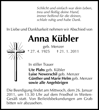 Traueranzeige von Anna Kübler von Odenwälder Echo