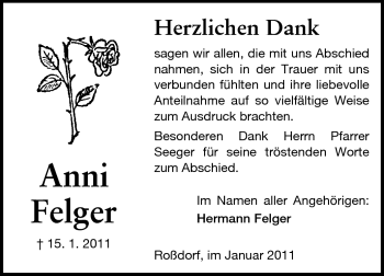 Traueranzeige von Anni Felger von Darmstädter Echo, Odenwälder Echo, Rüsselsheimer Echo, Groß-Gerauer-Echo, Ried Echo