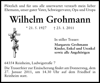 Traueranzeige von Wilhelm Grohmann von Darmstädter Echo, Odenwälder Echo, Rüsselsheimer Echo, Groß-Gerauer-Echo, Ried Echo