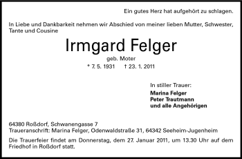 Traueranzeige von Irmgard Felger von Echo-Zeitungen (Gesamtausgabe)