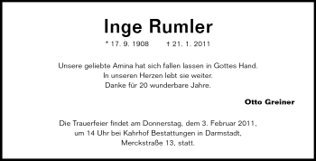 Traueranzeige von Inge Rumler von Darmstädter Echo, Odenwälder Echo, Rüsselsheimer Echo, Groß-Gerauer-Echo, Ried Echo
