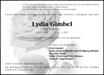 Traueranzeige von Lydia Gimbel von Darmstädter Echo, Odenwälder Echo, Rüsselsheimer Echo, Groß-Gerauer-Echo, Ried Echo