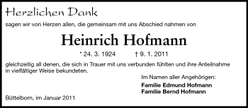 Traueranzeige von Heinrich Hofmann von Rüsselsheimer Echo, Groß-Gerauer-Echo, Ried Echo