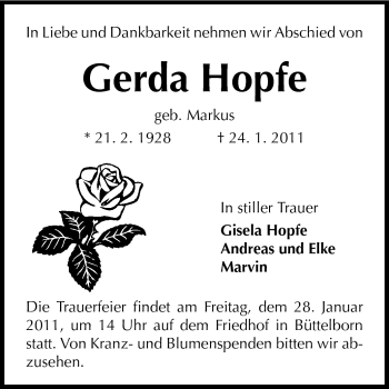 Traueranzeige von Gerda Hopfe von Rüsselsheimer Echo, Groß-Gerauer-Echo, Ried Echo