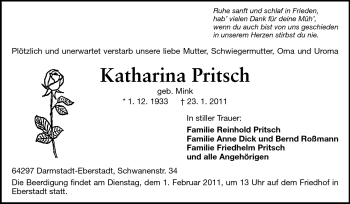 Traueranzeige von Katharina Pritsch von Darmstädter Echo, Odenwälder Echo, Rüsselsheimer Echo, Groß-Gerauer-Echo, Ried Echo