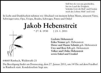 Traueranzeige von Jakob Hebenstreit von Starkenburger Echo
