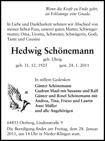 Traueranzeige von Hedwig Schönemann von Echo-Zeitungen (Gesamtausgabe)