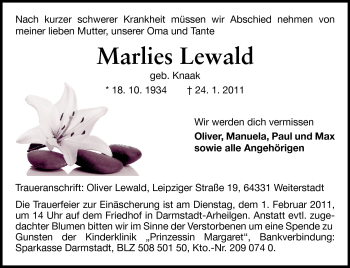 Traueranzeige von Marlies Lewald von Echo-Zeitungen (Gesamtausgabe)