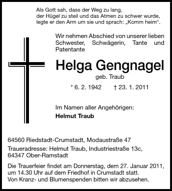 Traueranzeige von Helga Gengnagel von Darmstädter Echo, Odenwälder Echo, Rüsselsheimer Echo, Groß-Gerauer-Echo, Ried Echo