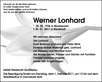 Traueranzeige von Werner Lonhard von Echo-Zeitungen (Gesamtausgabe)