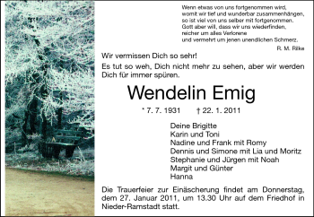 Traueranzeige von Wendlin Emig von Echo-Zeitungen (Gesamtausgabe)