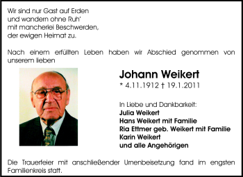 Traueranzeige von Johann Weikert von Echo-Zeitungen (Gesamtausgabe)