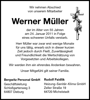 Traueranzeige von Werner Müller von Echo-Zeitungen (Gesamtausgabe)