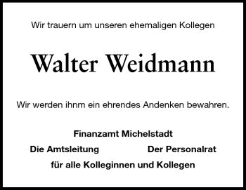 Traueranzeige von Walter Weidmann von Odenwälder Echo