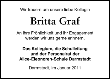 Traueranzeige von Britta Graf von Darmstädter Echo, Odenwälder Echo, Rüsselsheimer Echo, Groß-Gerauer-Echo, Ried Echo