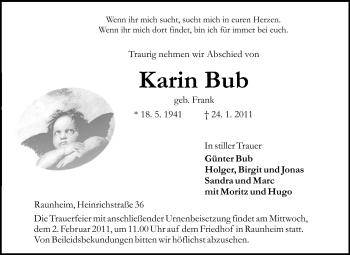 Traueranzeige von Karin Bub von Rüsselsheimer Echo, Groß-Gerauer-Echo, Ried Echo