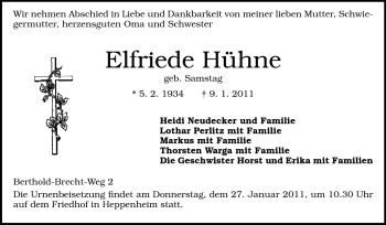 Traueranzeige von Elfriede Hühne von Starkenburger Echo